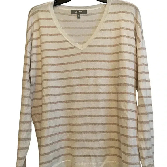 Rose Shimmer and White Striped V Neck Sweater Marled Size Medium - Picture 1 of 7